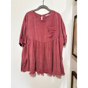 Sewn + Seen Oversized Washed Rose Babydoll Top Boho Artsy